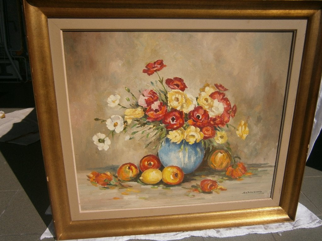 Bloemen in vaas - Schrauwens, Antiek en Kunst, Ophalen of Verzenden, Realistisch, Olieverf, Bloemen