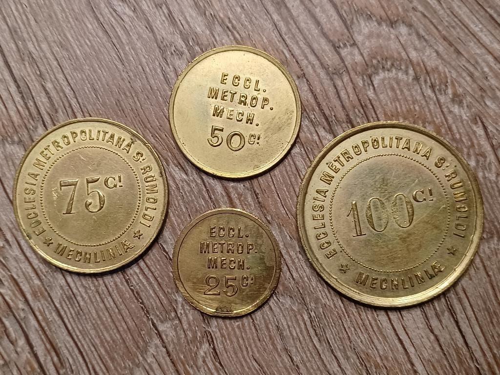 (oksaal) penning 1888 reeks 4x st rumoldus rombouts mechelen, Ophalen of Verzenden, Overige materialen