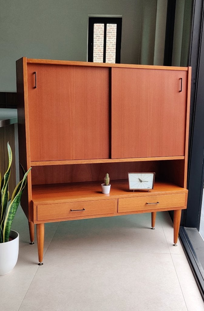 Prachtige vintage teakhouten barkast / highboard, Huis en Inrichting, Ophalen, Teakhout, Met deur(en)