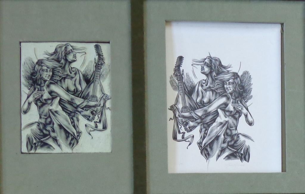 GUIDO MARIMAN / MUZIKANTEN / HOUTSNEDE + BLOK 52x72cm KADER, Antiek en Kunst, Ophalen