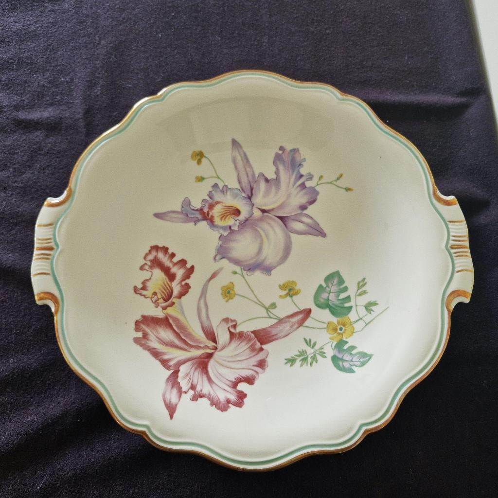 Vintage schaal op voet met decor van bloemen - Zeh Scherver, Ophalen of Verzenden