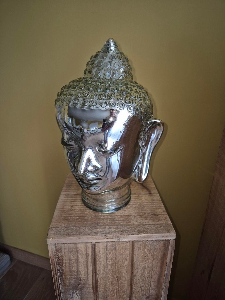 Sfeervol Boeddha hoofd in gekleurd glas, Huis en Inrichting, Woonaccessoires | Boeddhabeelden, Glas, Zo goed als nieuw, Zilver