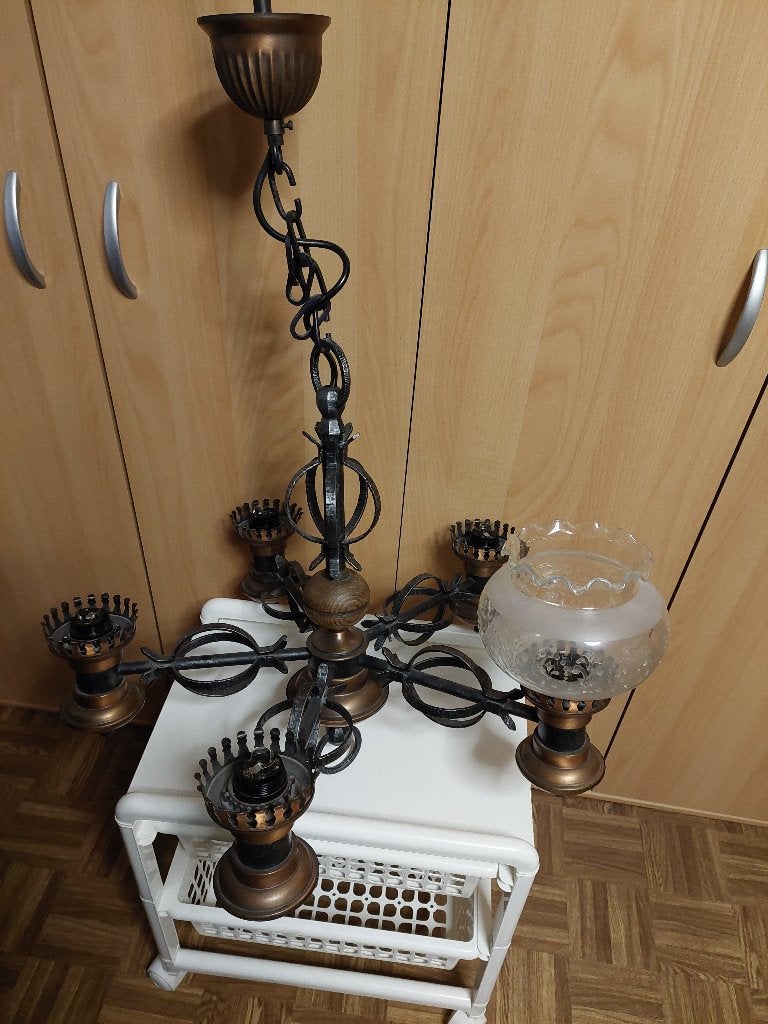 Koperen luster met 5 glazen bollen mogelijk met LED-lampen, Ophalen, Gebruikt, Glas, Overige fittingen