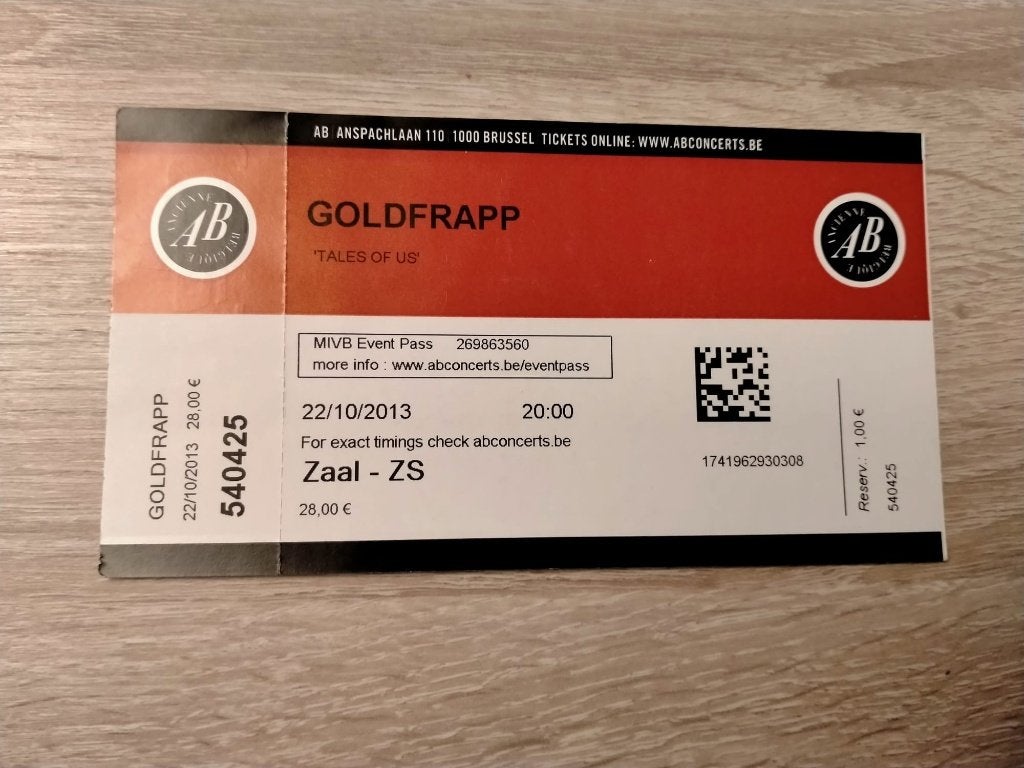 Ticket de concert Goldfrapp @AB Bruxelles 22 octobre 2013, Enlèvement, Utilisé, Autres types
