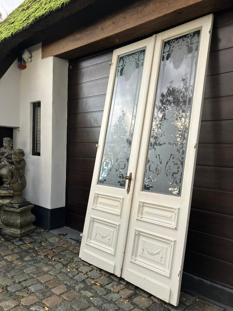 Unieke Hoge Dubbele ensuite deur met art Deco geëtst glas, Ophalen, Zo goed als nieuw, Glas