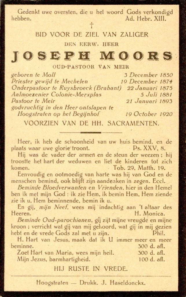 Pastoor. Moors Joseph. ° Moll 1850 † Hoogstraten 1920, Ophalen of Verzenden, Bidprentje