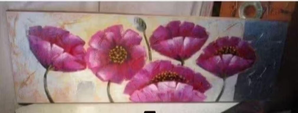 Prachtig Geschilderd Werk 'Lila Bloemen' - 120x40, Antiek en Kunst, Ophalen of Verzenden, Olieverf, Bloemen, Textiel