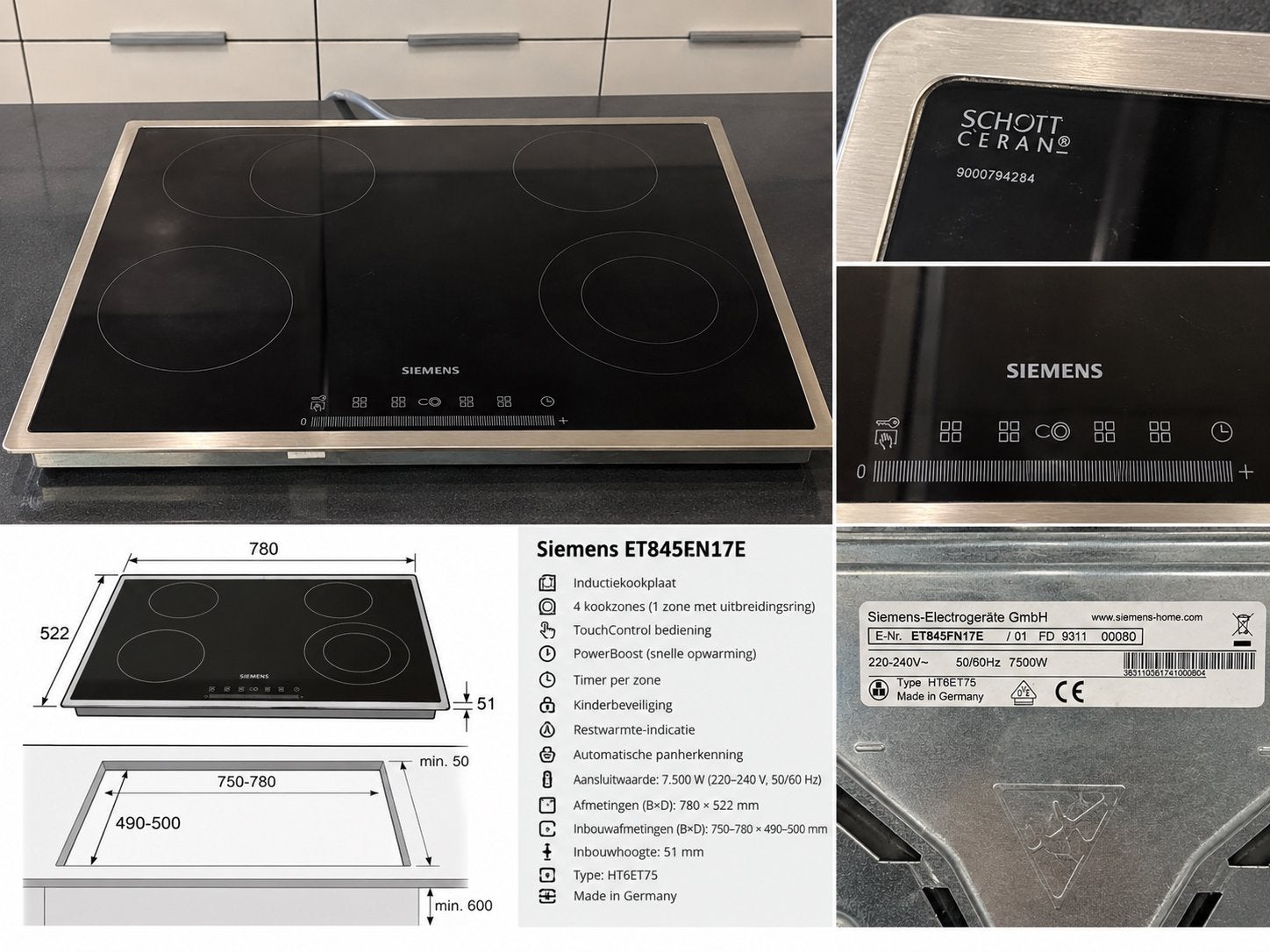 Siemens ET845FN17E – Keramische kookplaat – Made in Germany, Elektronische apparatuur, Ophalen, Zo goed als nieuw, 4 kookzones