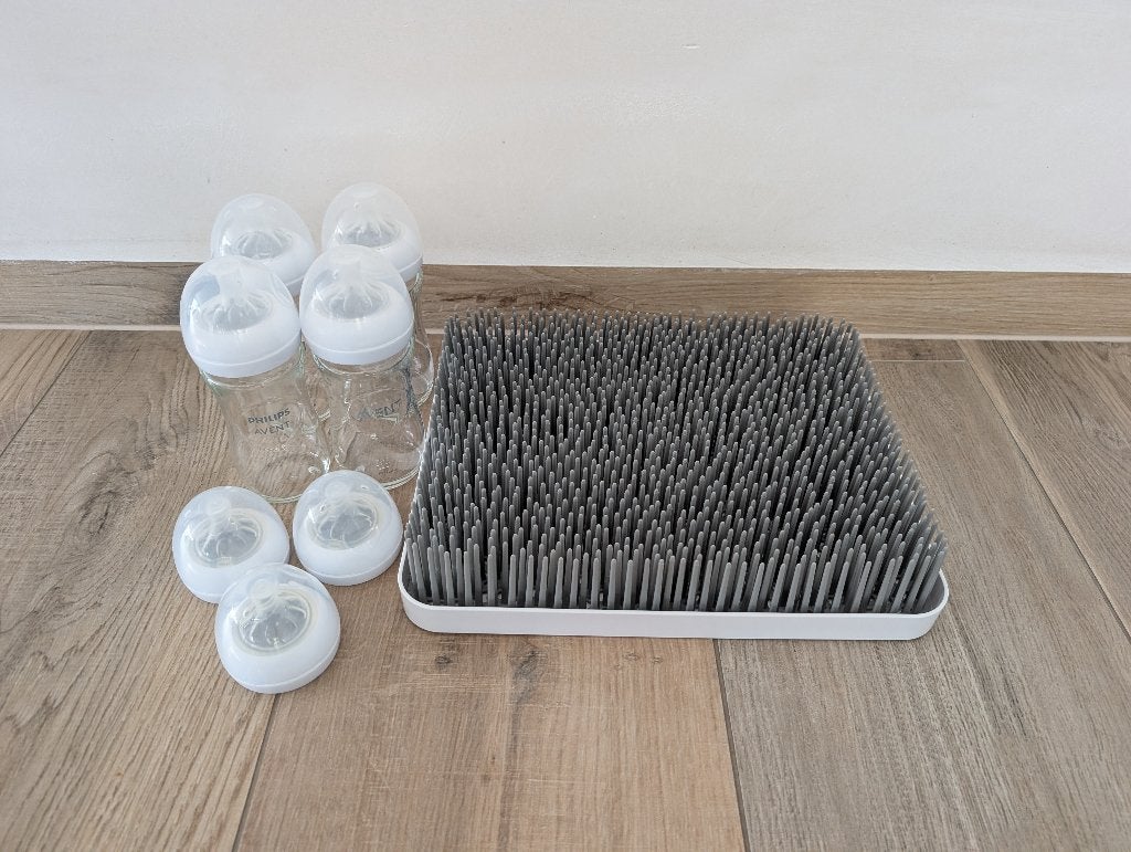 Boon LAWN Afdruiprek + 4 Philips Avent glazen babyflessen, Ophalen, Gebruikt, Overige typen