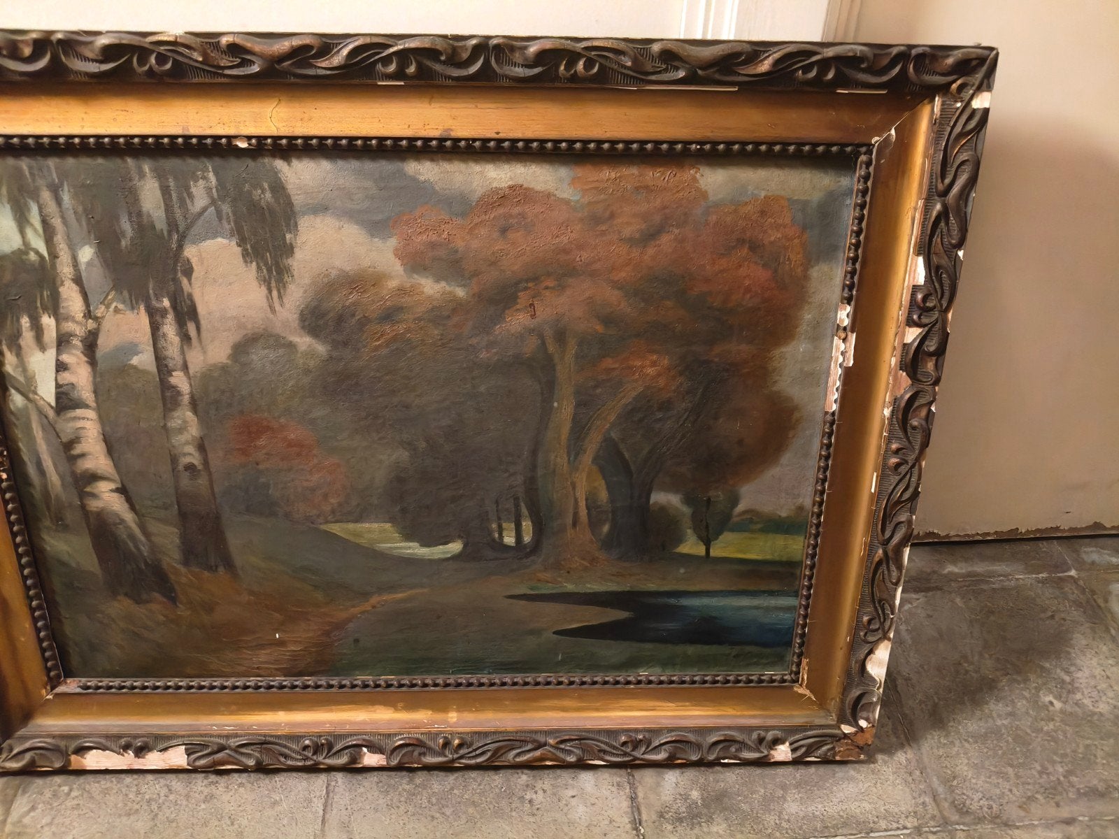 Antiek olieverfschilderij boslandschap in ornamentenlijst, Antiquités & Art, Enlèvement, École hollandaise, Paysage