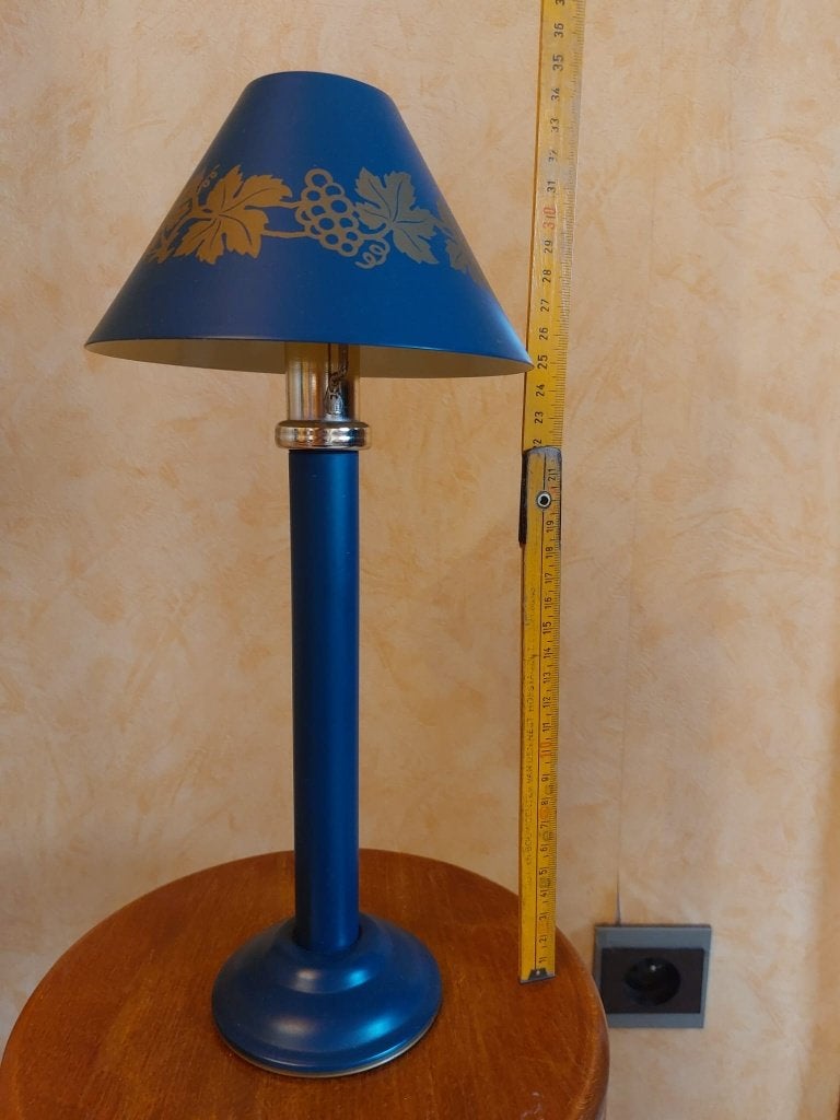 Vintage blauwe metalen tafellamp, Gebruikt, Overige merken, Vintage, E14 (klein)
