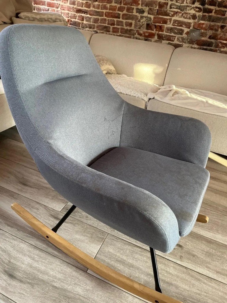 Chaise à bascule design – tissu bleu/gris, Enlèvement, Utilisé, Scandinave, Bois