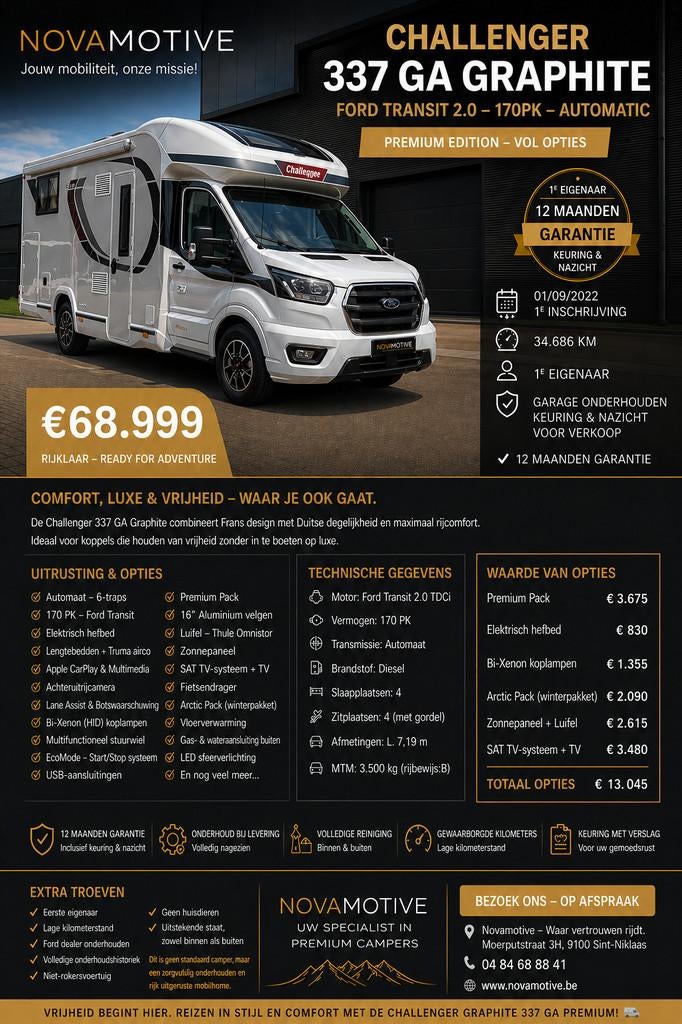 Challenger 337 GA Graphite PREMIUM, FULL OPT, Lengtebedden, Caravans en Kamperen, Mobilhomes, Automaat, Bedrijf, Diesel, Challenger