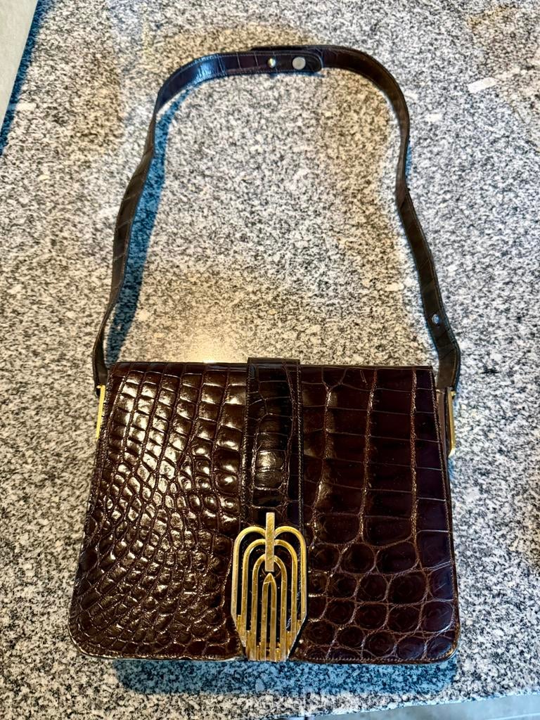 Vintage bruine lederen handtas, Handtassen en Accessoires, Tassen | Damestassen, Ophalen of Verzenden, Zo goed als nieuw, Bruin
