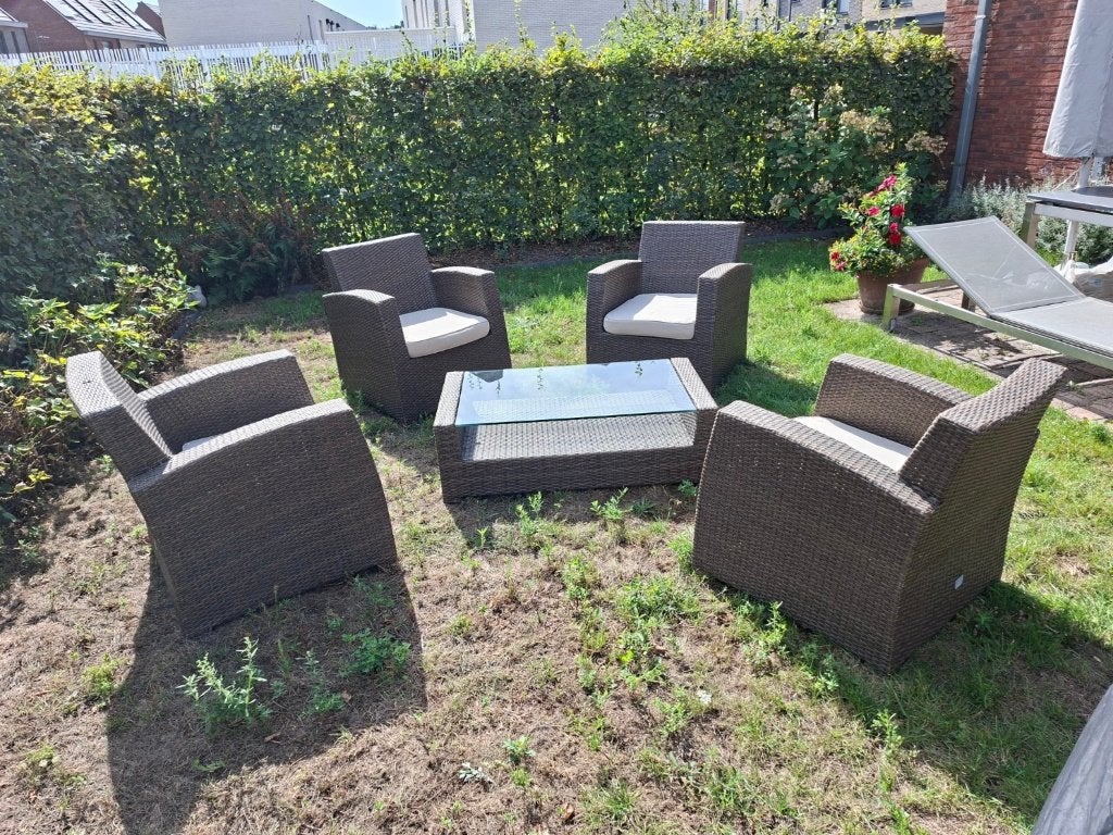 Luxe B7 Club Collection tuinset – 4 fauteuils + glazen tafel, Ophalen, 4 zitplaatsen, Gebruikt, Bijzettafel