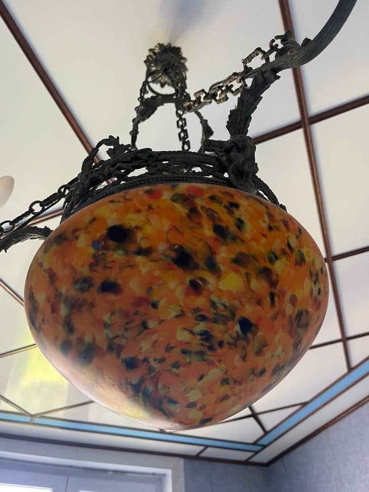 art-deco hanglamp met een smeedijzeren frame, Maison & Meubles, Lampes | Lustres, Enlèvement, Comme neuf
