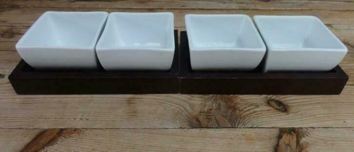 4 Salt & Pepper , S & P,  tapas schaaltjes in houten bakjes, Huis en Inrichting, Gebruikt, -, -, Overige typen
