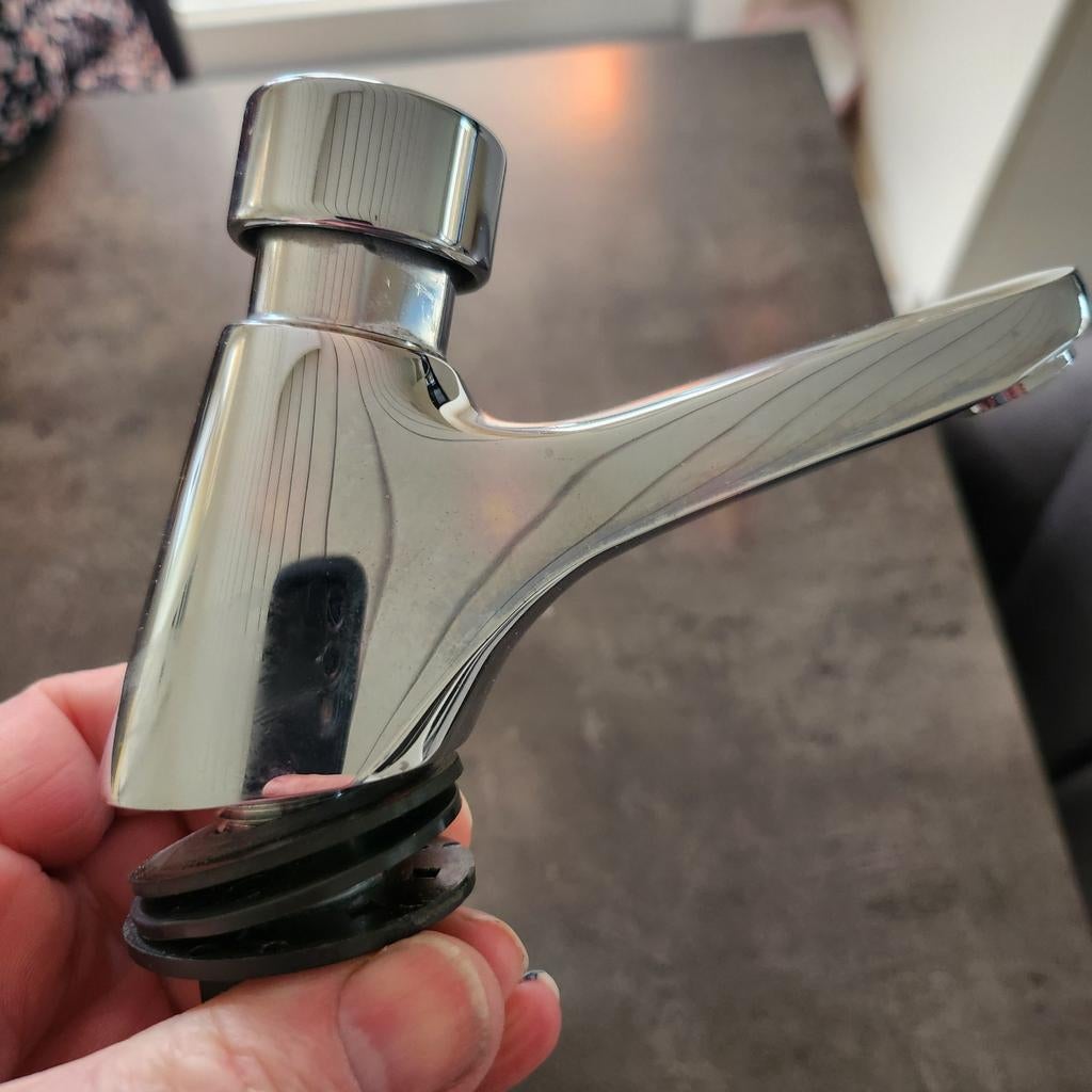 Zelfsluitende kraan Delabie, Ophalen, Zo goed als nieuw, Inox, Wastafel
