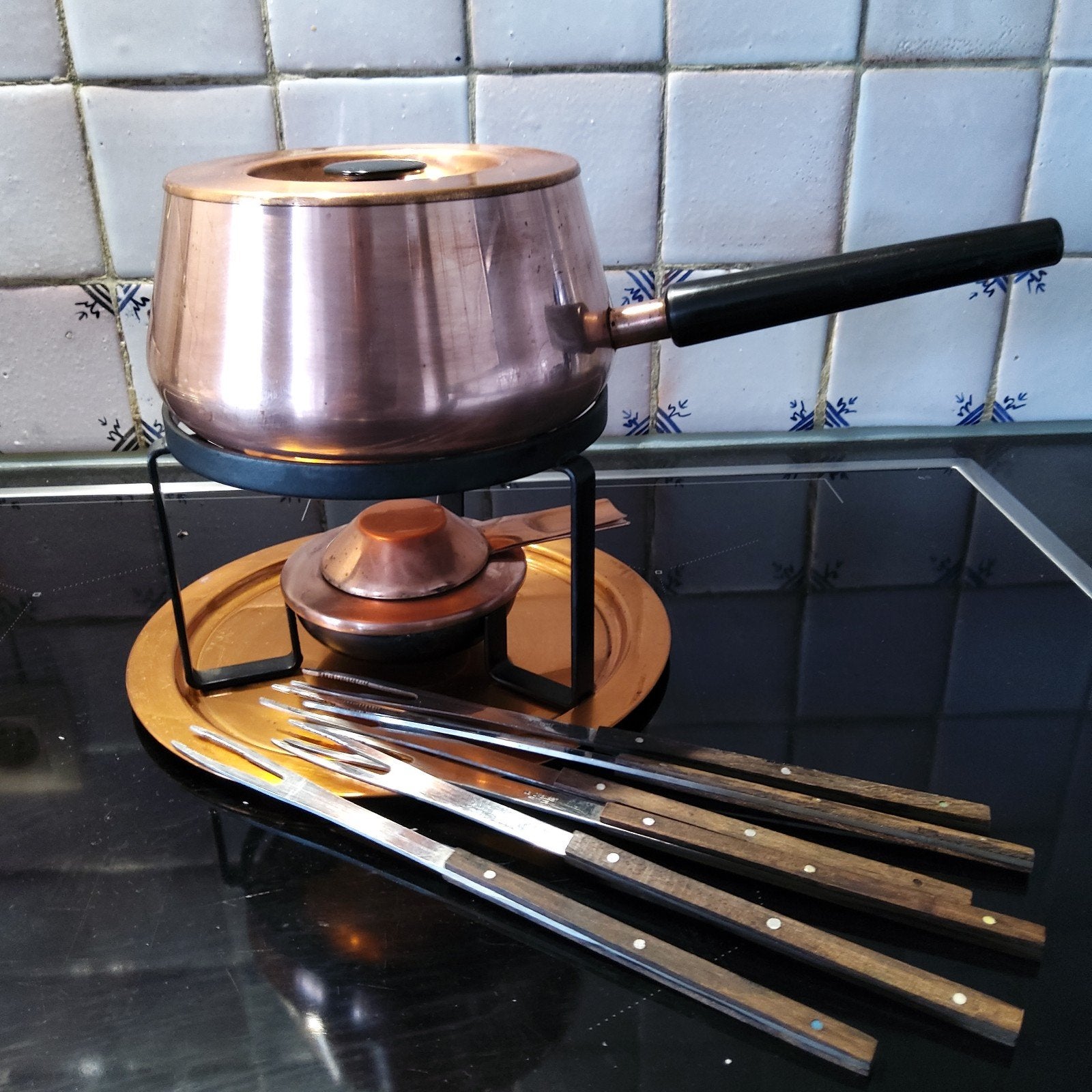 Koperen fondueset met 6 vorken. Vintage jaren 60-70, Enlèvement ou Envoi, Cuivre