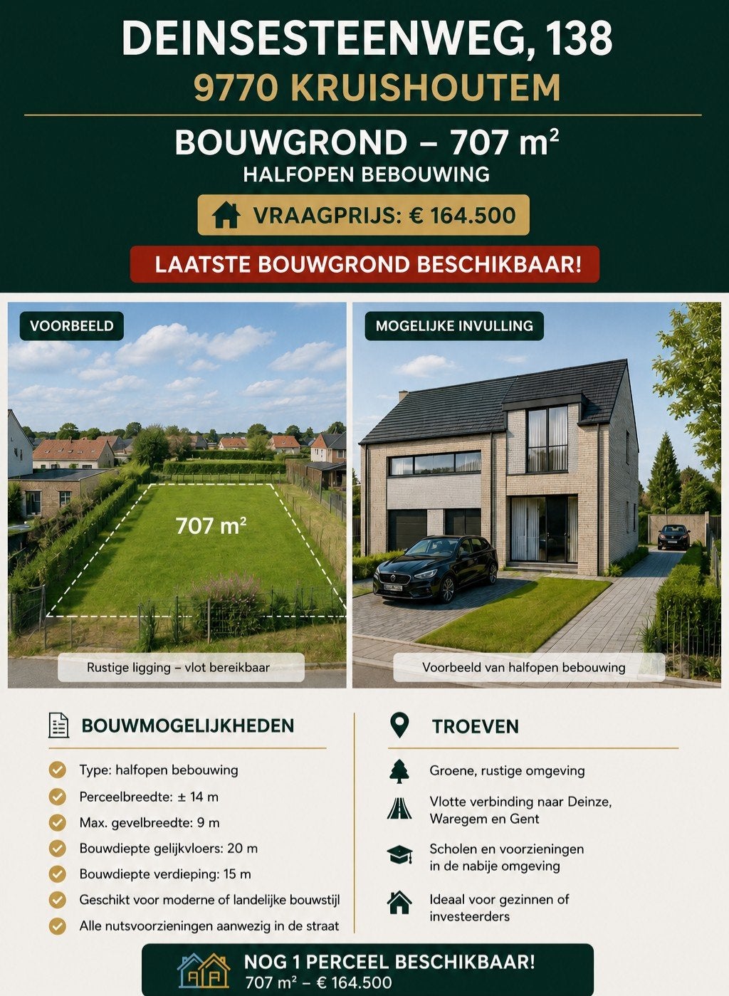 bouwgrond Kruishoutem 707m², Immo, Terrains & Terrains à bâtir, Kruishoutem, 500 à 1000 m²
