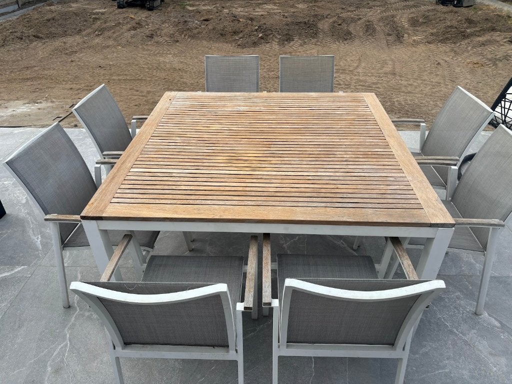 Teak tuintafel + 8 bijpassende tuinstoelen, Ophalen, Gebruikt, Vierkant, Hout