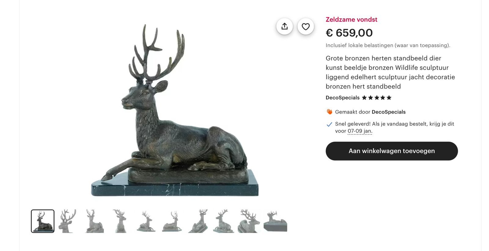 Edelhert groot brons beeld op marmeren voet., Antiek en Kunst, Ophalen