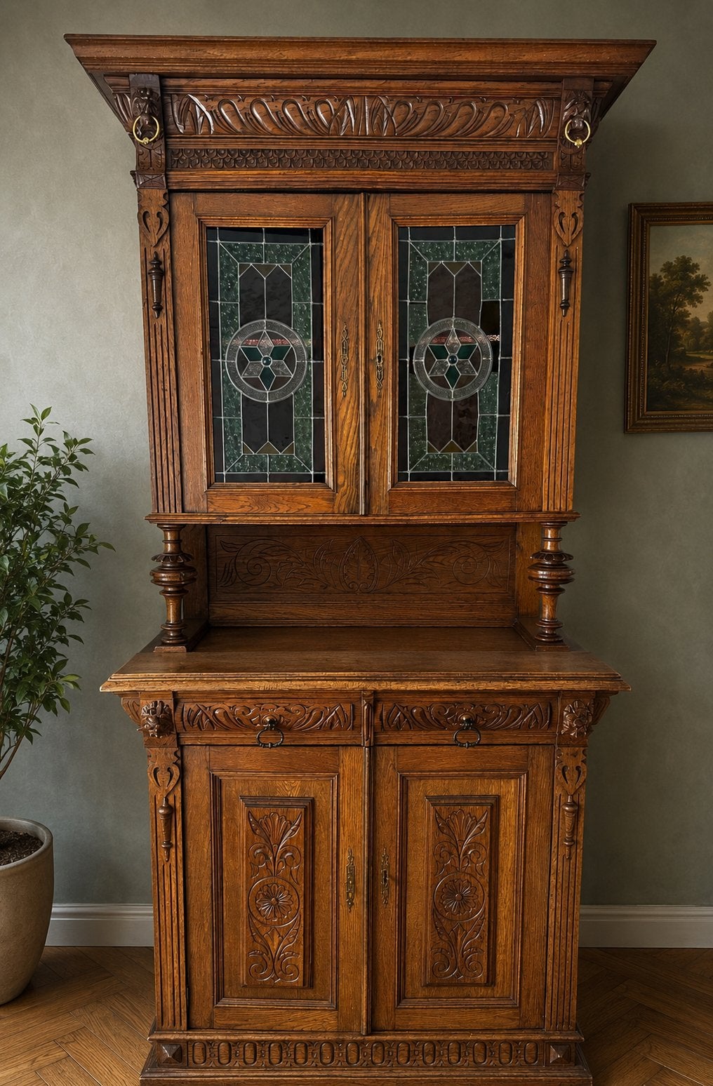 Prachtige antieke eiken buffetkast met glas-in-lood, Antiek en Kunst, Ophalen