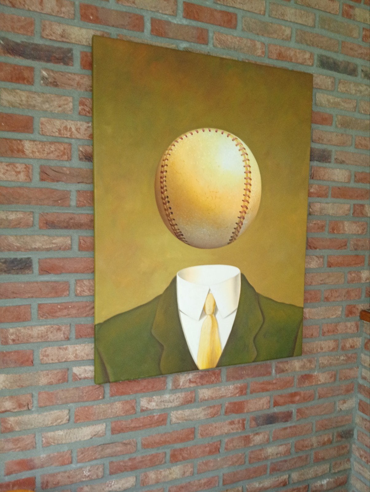 Margritte playing baseball, Antiek en Kunst, Ophalen, Handgeschilderd, Olieverf, Doek