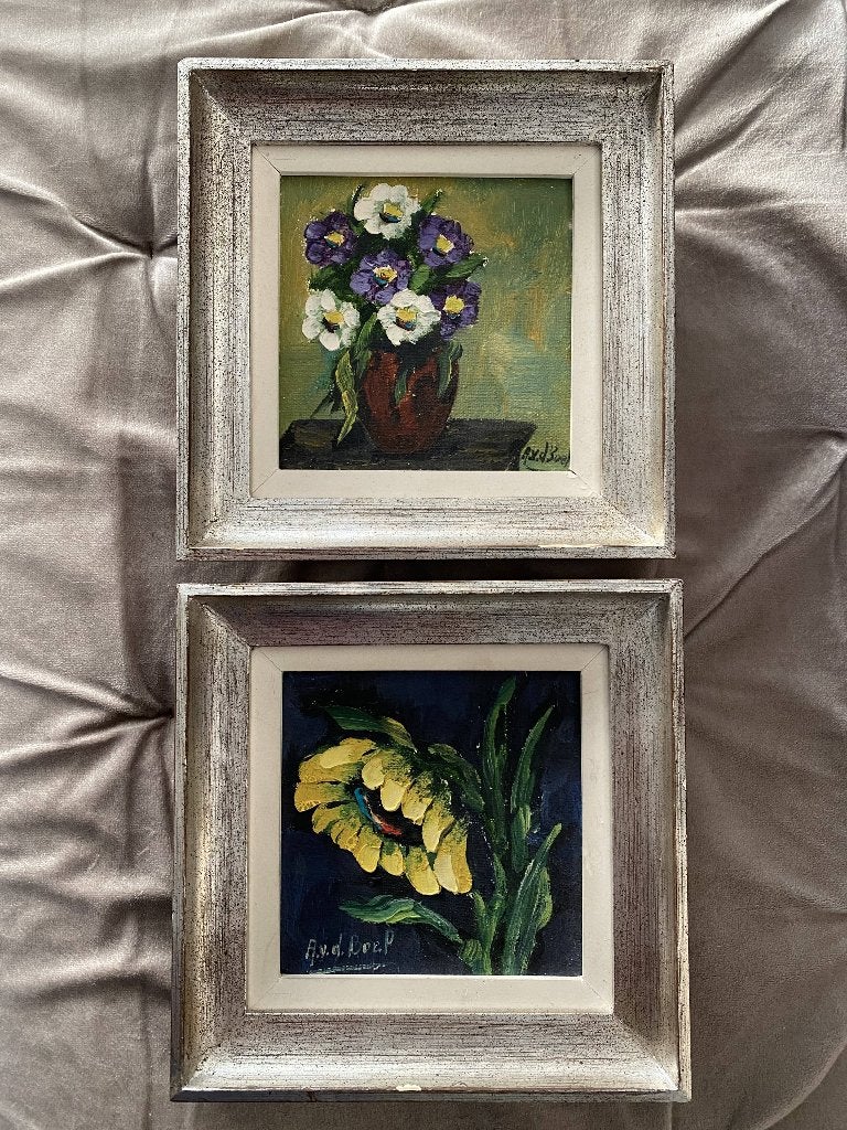 2 tableaux signés Annie Van de Boel - 22x22 cm, Antiquités & Art, Enlèvement ou Envoi, Signé, Fleurs