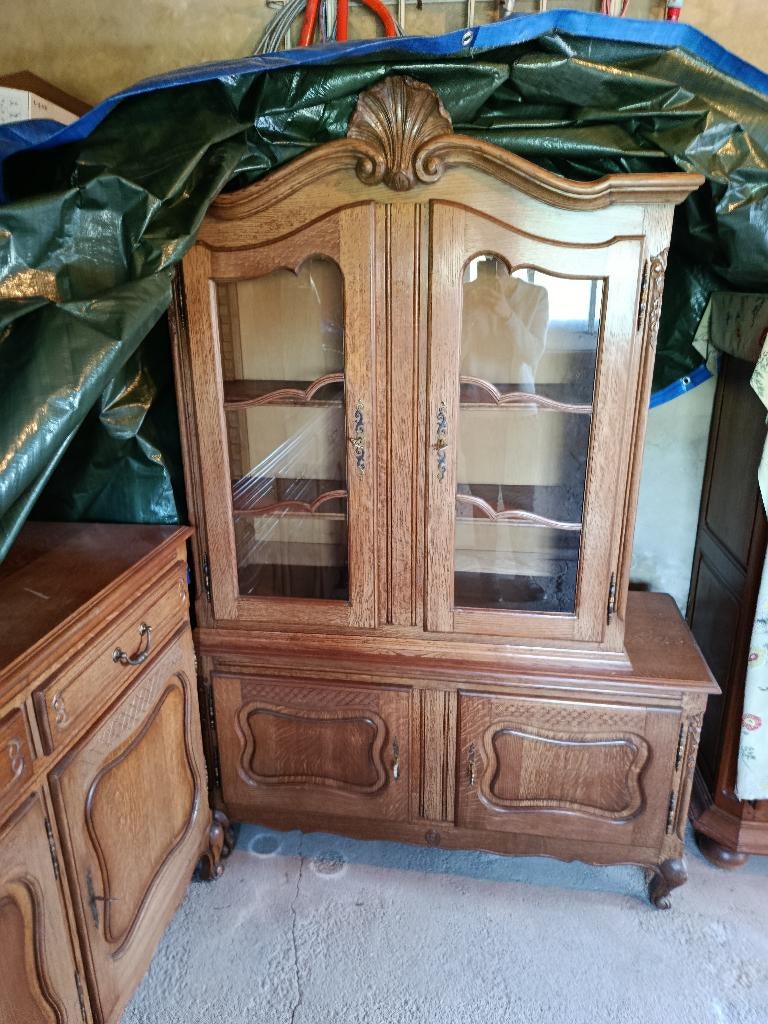 Meuble de rangement avec vitrine ancien en chêne, 100 à 150 cm, Utilisé, Avec tiroir(s), Ancien