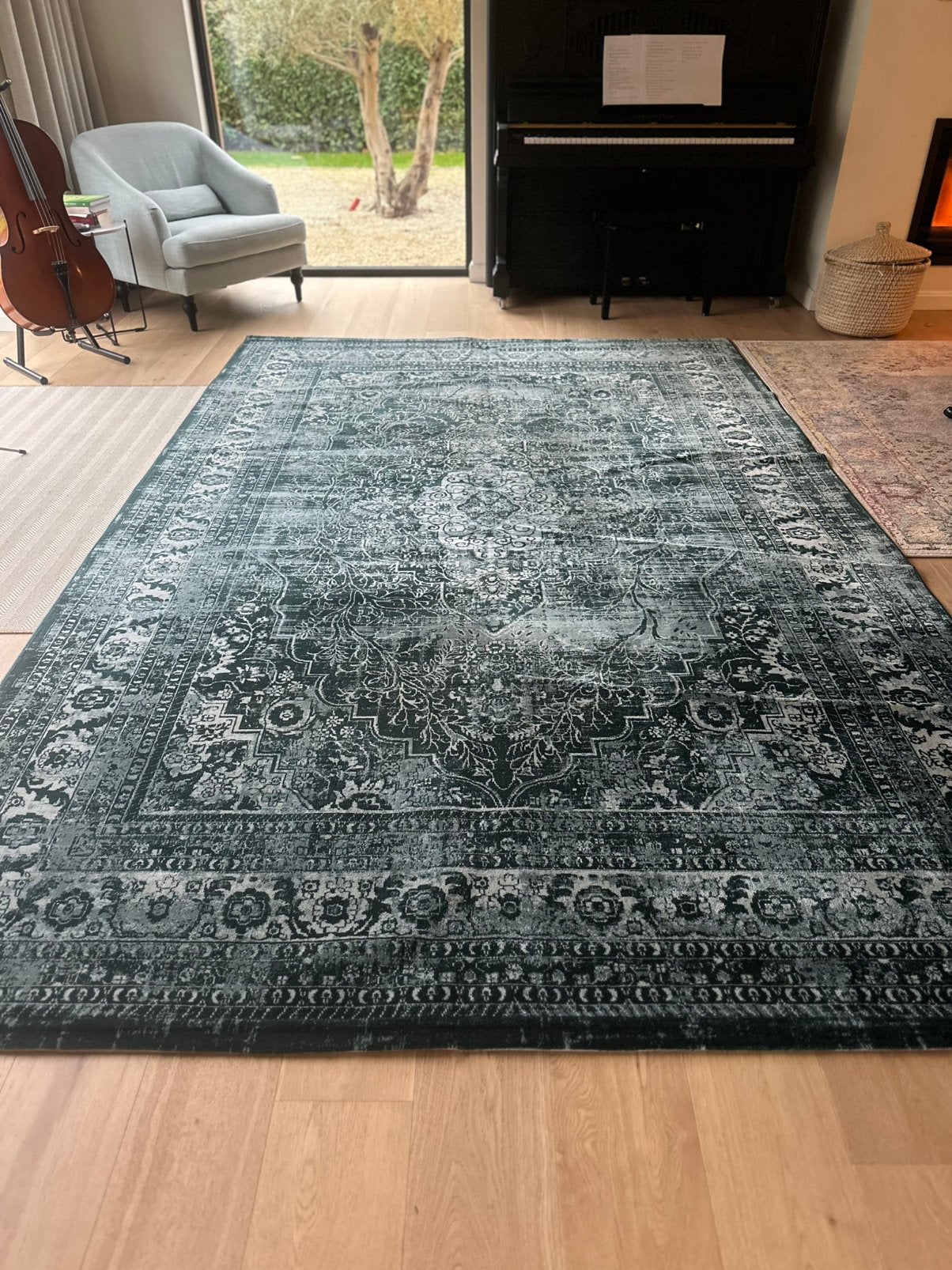 Groot donker petrolblauw vintage tapijt, Ophalen, Blauw, Vintage, 200 cm of meer