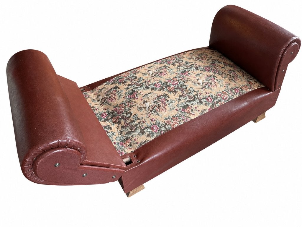 Vintage rustbank / chaise longue – gobelin bekleding – retro, Vintage, Enlèvement, Utilisé, Bois