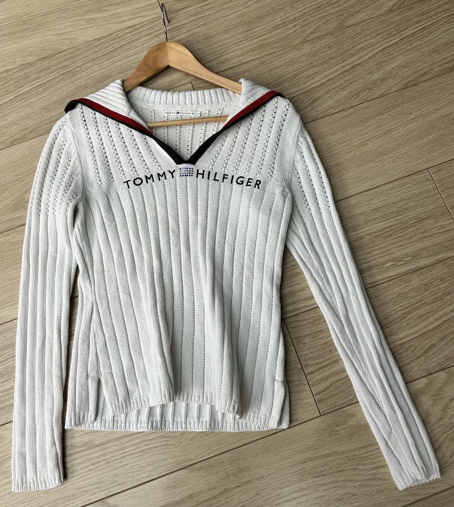 Tommy Hilfiger witte gebreide V-hals trui, Enlèvement ou Envoi, Porté, Blanc, Taille 38/40 (M)