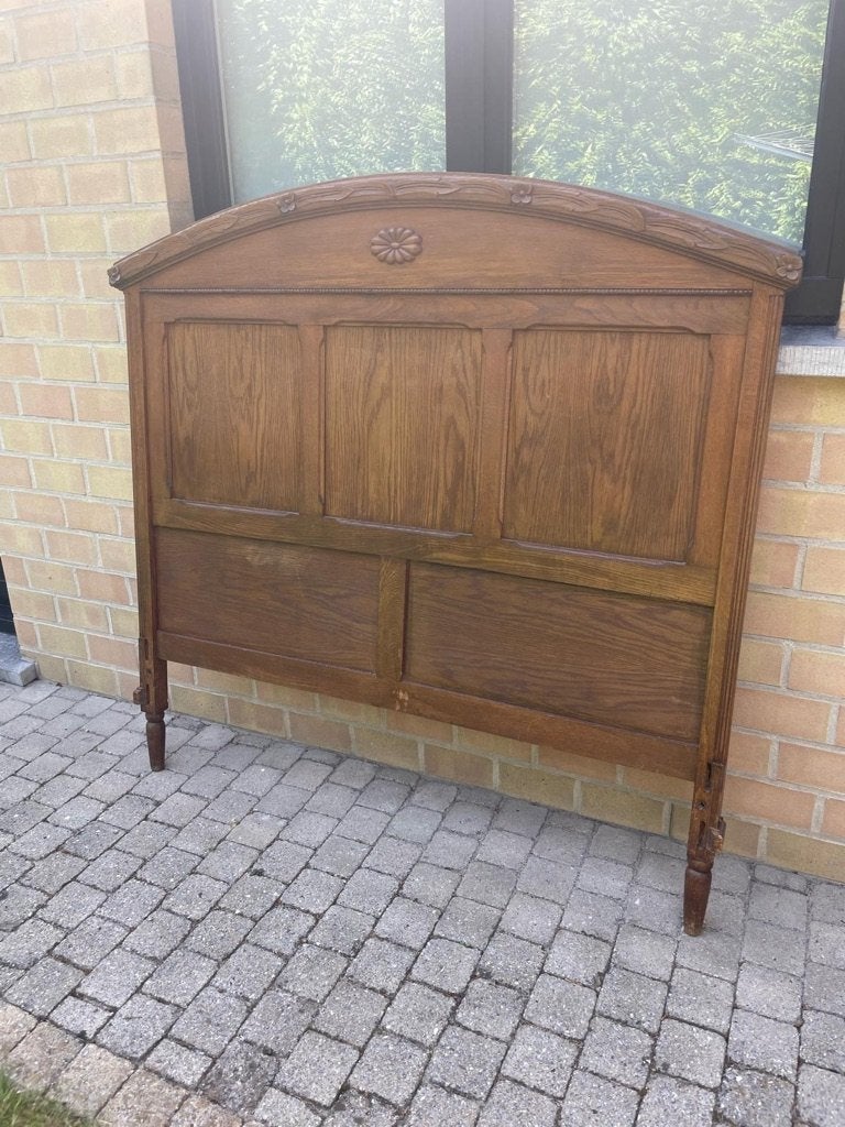 Massiek eiken bedframe 'twijfelaar', Huis en Inrichting, Slaapkamer | Bedden, Gebruikt, Bruin, 140 cm, Twijfelaar