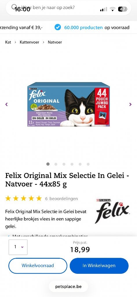 Felix natvoer 2 dozen 44x85g =88 zakjes!, Animaux & Accessoires, Enlèvement ou Envoi, Chat