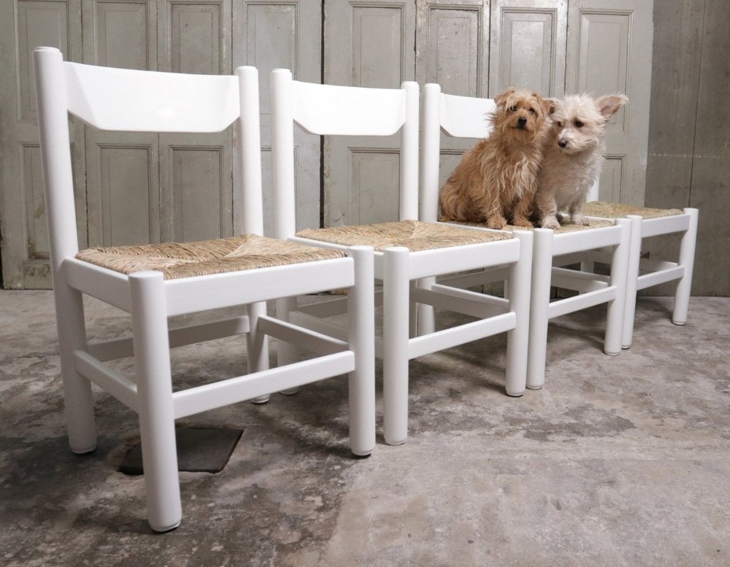 Set van 4 witte biezen stoelen Magistretti/Perriand stijl, Ophalen