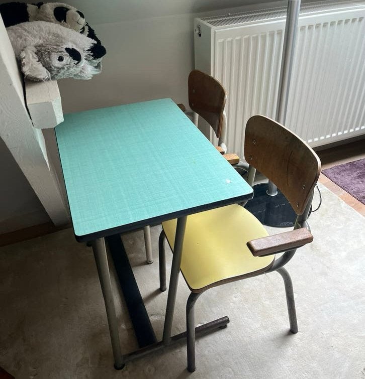 Vintage Tubax kindertafel met 2 stoelen – jaren 60/70, Ophalen, Gebruikt, Tafel(s) en Stoel(en)