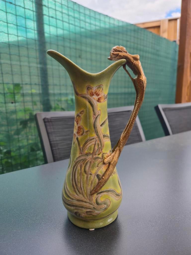 Keramieke art nouveau kruik met bronzen dame, Antiek en Kunst, Antiek | Brons en Koper, Ophalen
