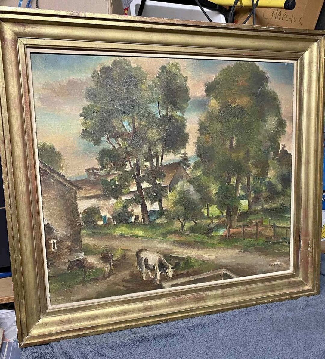 Tableau Ancien - Huile sur toile  par M. MICHA (70x80 cm), Antiquités & Art, Enlèvement ou Envoi, Classique, Peinture à l'huile