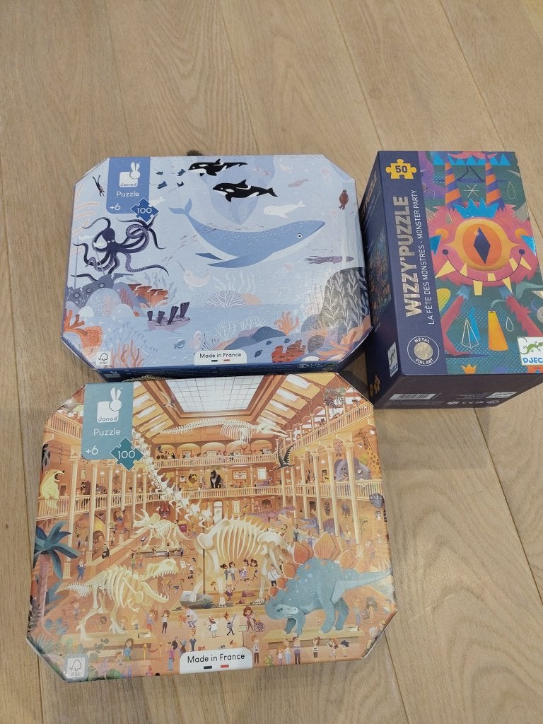 Set van 3 puzzels (5-6+) - Janod kofferpuzzels en Djeco, Ophalen, Meer dan 50 stukjes, Zo goed als nieuw, 4 tot 6 jaar