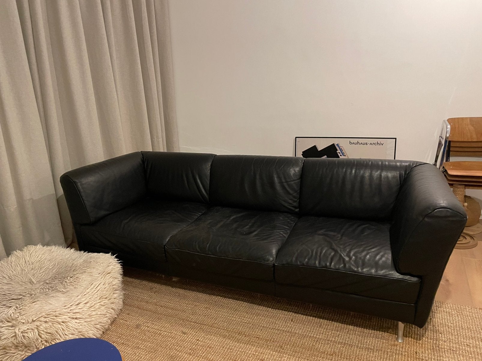 Zwarte lederen vintage zetel, Huis en Inrichting, Ophalen, 250 tot 300 cm, Gebruikt, 100 tot 125 cm