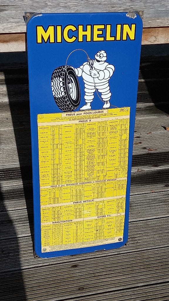 Emaille reclamebord Michelin bandenspanning 1961, Verzamelen, Ophalen of Verzenden, Zo goed als nieuw, Reclamebord