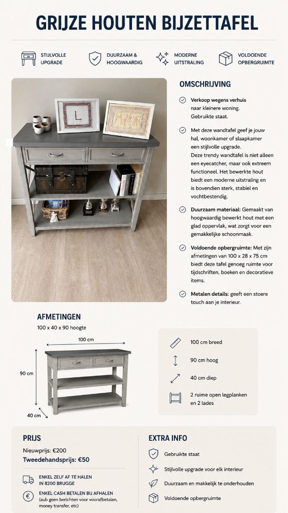 Grijze houten bijzettafel, Ophalen, Minder dan 55 cm, Gebruikt, 60 cm of meer