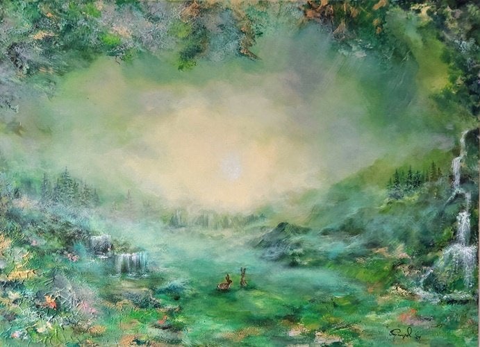 Kunsthandel Gennep - "Twee Haasjes In De Ochtendnevel", Antiek en Kunst, Ophalen of Verzenden, Handgeschilderd, Acrylverf