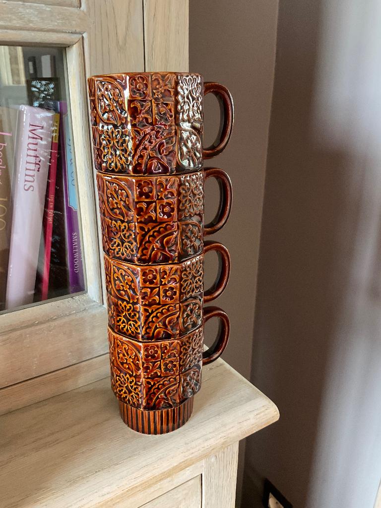 Tasses céramique empilables japonaises vintage marron glacé, Enlèvement ou Envoi