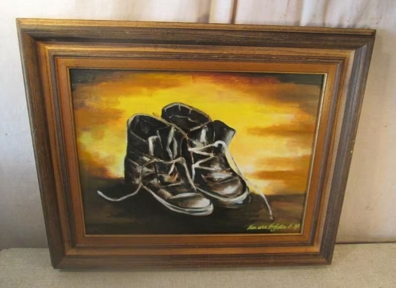 Œuvre magnifiquement peinte « Old Shoes » - Van der heijden, Antiquités & Art, Enlèvement ou Envoi, Peinture à l'huile, Panneau