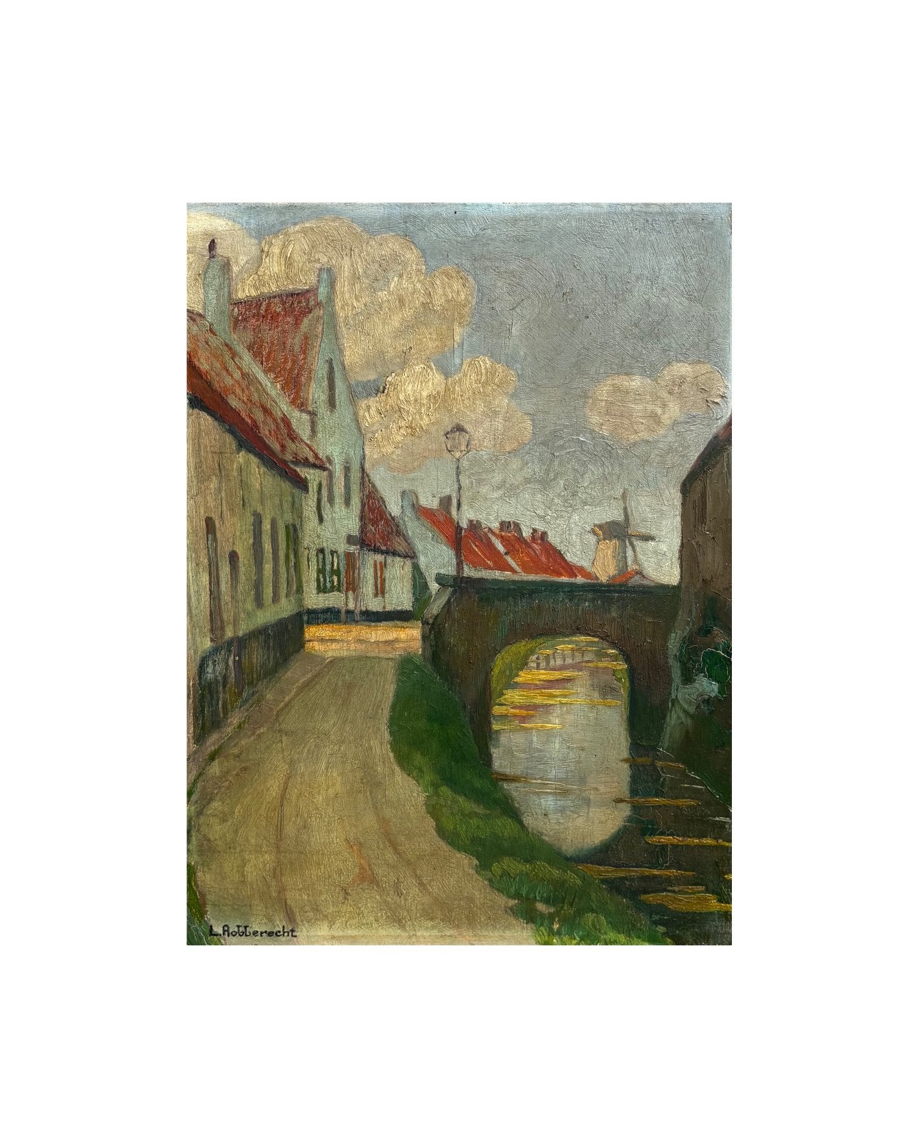 Peinture sur panneau de vue de village par Leo Robberecht, Enlèvement ou Envoi, Peinture à l'huile, Panneau, Paysage urbain / rural