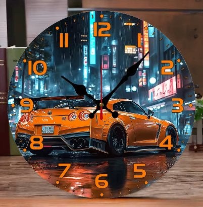 Ronde wandklok van hout Sportauto (25cm), Ophalen of Verzenden, Nieuw, Wandklok