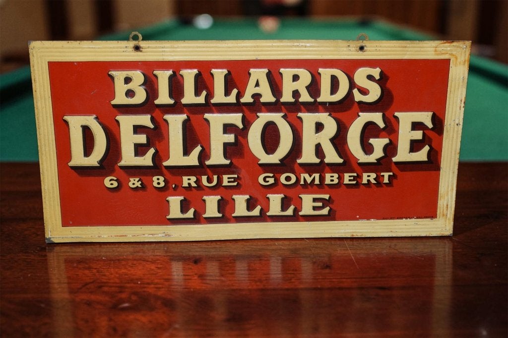 Zeldzaam reclamebord billards Delforge 1910 1920, Ophalen of Verzenden, Gebruikt, Reclamebord
