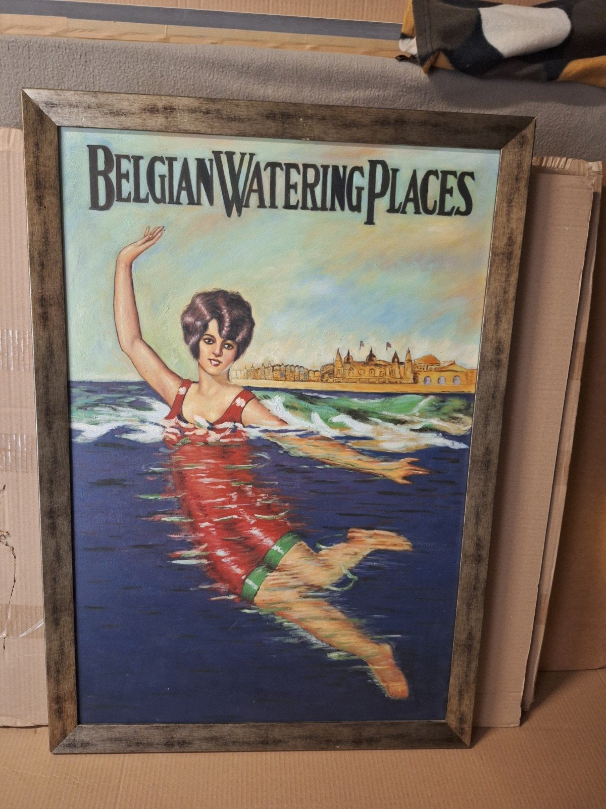 Vintage Schilderij " Belgian Watering Places " NMBS, Antiquités & Art, Enlèvement ou Envoi, Peinture à l'huile, Signé, Toile